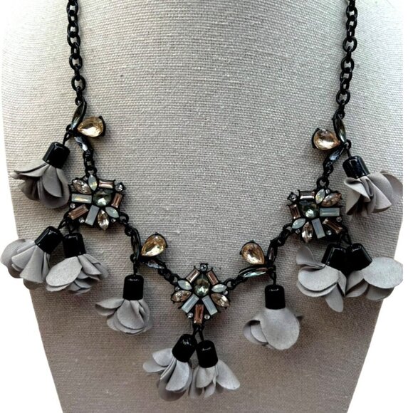 INC Statement Necklace With Fabric Flowers & Crystal Accents.  C16 - Picture 1 of 13
